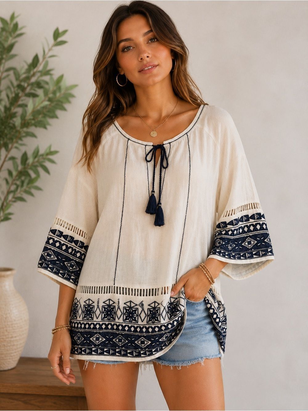 Free People Noyal Counting Stars Boho Embroidered Peasant Top Tassel Tie M/L